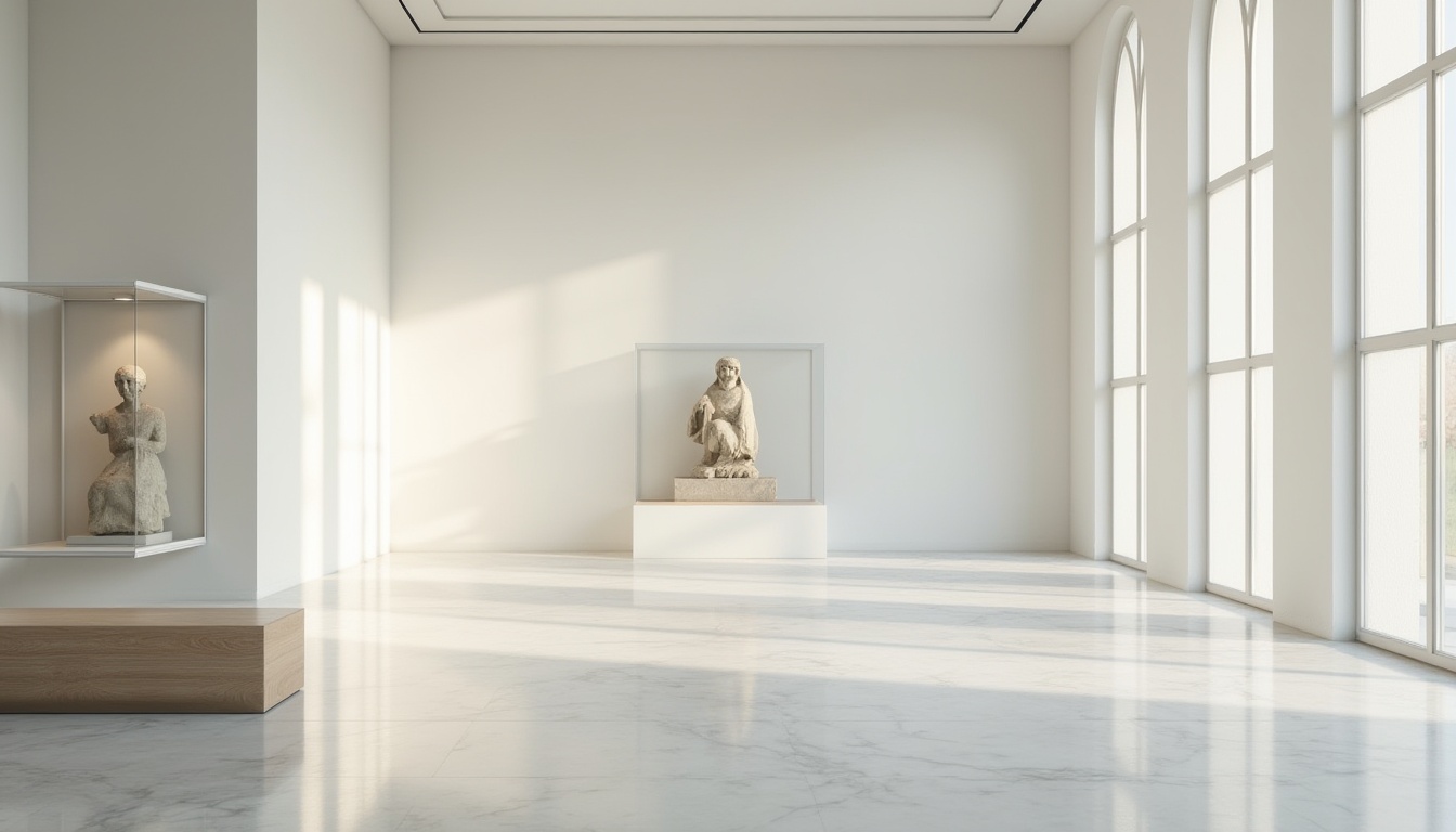 Prompt: Museum minimalism style, empty white walls, high ceiling, marble floor, large windows, natural light, solo exhibit, glass cabinet, ancient artifact, stone statue, subtle spotlight, soft shadows, gentle ambient lighting, 3/4 composition, panoramic view, close-up of exhibit details, wooden bench in the corner, few visitors, quiet atmosphere, afternoon sunlight, subtle texture, clean lines, simplicity emphasis.