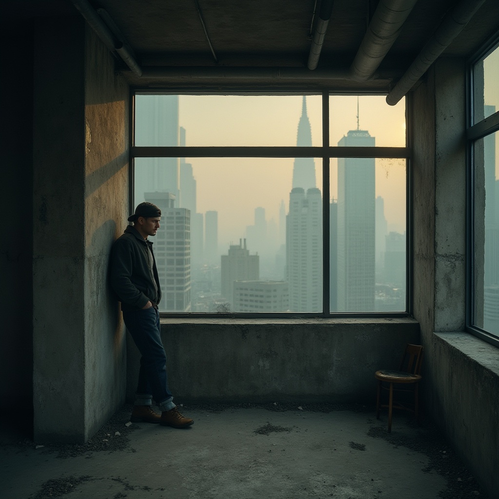 Prompt: Urban apartment, brutalist architecture, concrete walls, industrial windows, minimalist decor, solo male figure, 30s, casual wear, leaning against a column, looking out the window, cityscape view, skyscrapers, foggy atmosphere, warm lighting, cinematic composition, shallow depth of field, gritty texture, raw materials.