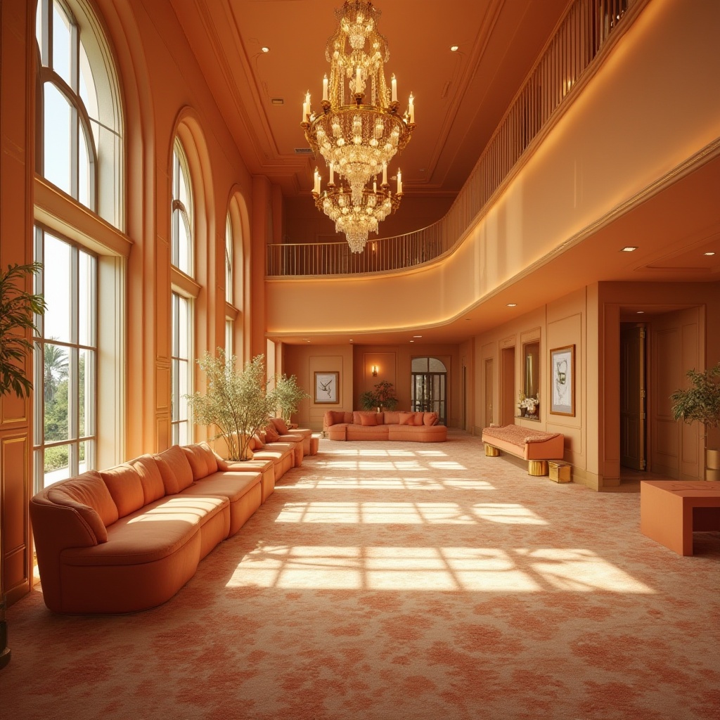 Prompt: Apricot-colored walls, luxurious hotel lobby, modern chandelier, elegant curves, plush apricot sofas, golden metal frames, intricate patterns on carpet, warm atmosphere, afternoon sunlight streaming through floor-to-ceiling windows, subtle scent of flowers, sophisticated ambiance, 3/4 composition, soft focus, shallow depth of field.