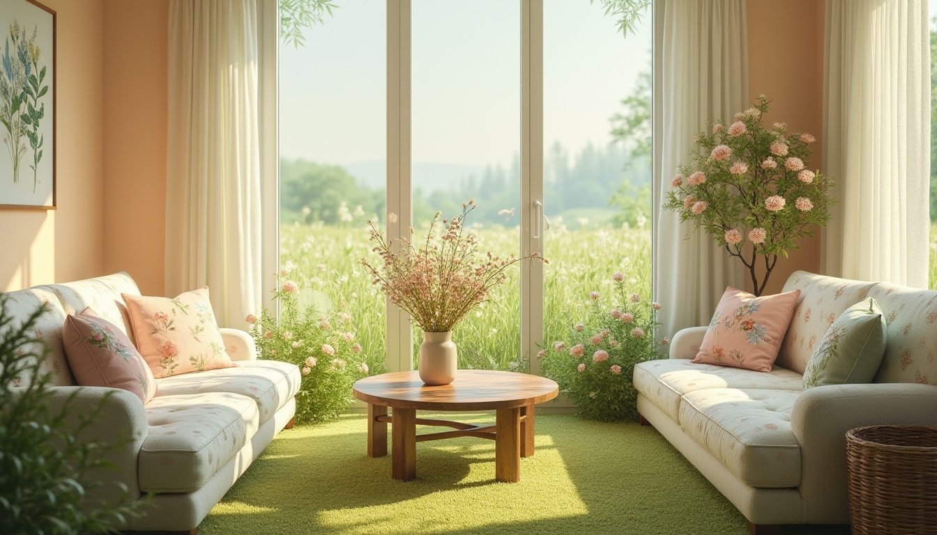 Prompt: Serenely peaceful space, meadow-inspired interior design, pastel-colored walls, floral patterns on furniture, soft grass-green carpet, comfortable couch with pillows in nature-inspired fabrics, vase with fresh wildflowers, wooden coffee table with natural finish, large windows overlooking a lush meadow, gentle morning sunlight, warm ambient lighting, 3/4 composition, shallow depth of field, harmonious color palette, calming atmosphere.