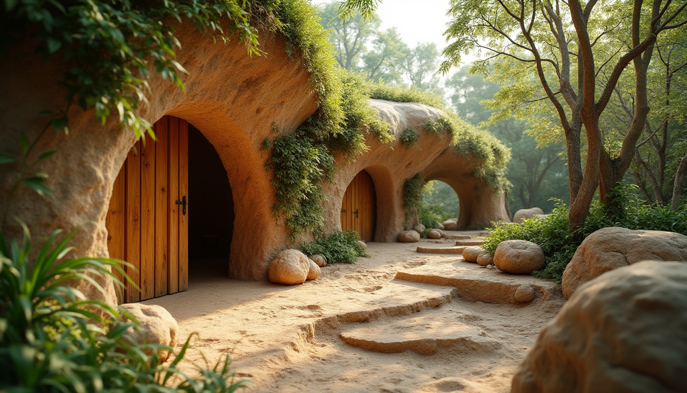 Prompt: Mud material, sustainable design, natural texture, earthy tone, irregular shape, rough surface, handcrafted, organic form, eco-friendly architecture, green building, bamboo structure, wooden accents, vines crawling up walls, lush greenery surroundings, sunny day, warm lighting, natural ambiance, 3/4 composition, slight blur effect, realistic rendering.