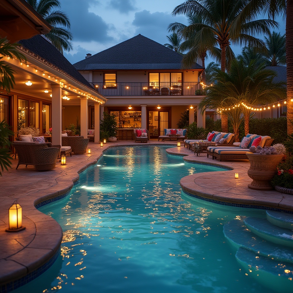 Prompt: backyard pool, luxurious ambiance, warm summer evening, string lights, lanterns, floating candles, water features, fountain, waterfall, infinity edge, curved steps, tropical plants, palm trees, lounge chairs, outdoor sofas, colorful pillows, poolside bar, glass tables, wicker furniture, soft focus, shallow depth of field, vibrant colors, golden hour lighting, dramatic shadows.