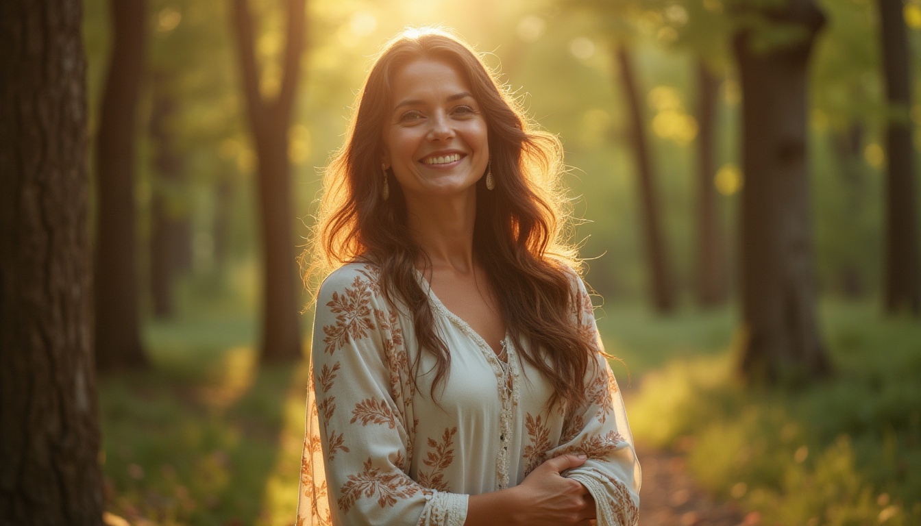 Prompt: Mature lady, gentle smile, wavy brown hair, natural makeup, earth-toned clothing, flowing white dress, leaf-patterned shawl, standing, forest surroundings, tall trees, sunlight filtering through leaves, birds singing, peaceful atmosphere, warm lighting, 3/4 composition, shallow depth of field, soft focus on character, vibrant foliage, detailed tree bark, forest floor with fallen leaves.