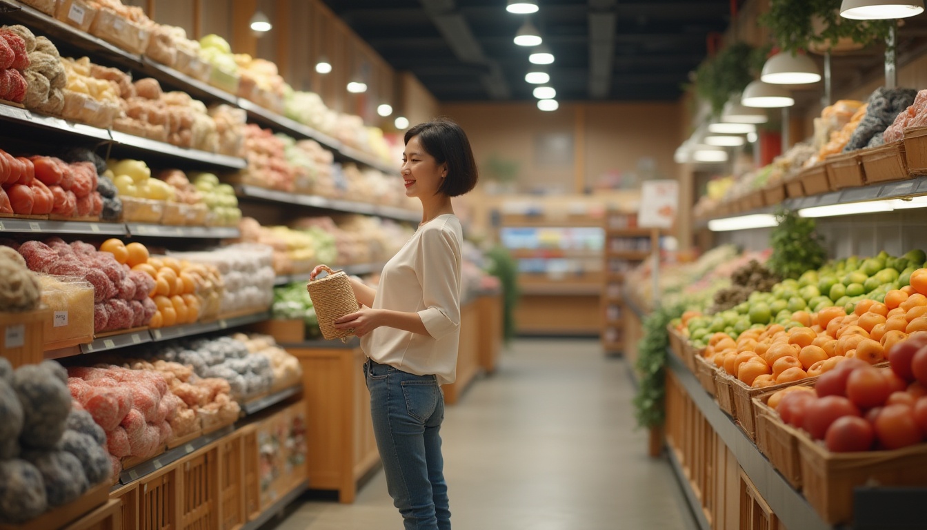 Prompt: Modern grocery store interior, various fabric materials, vibrant colors, shelves stacked with goods, baskets filled with fresh produce, wooden crates, wicker baskets, soft pastel lighting, warm atmosphere, comfortable shopping experience, middle-aged woman browsing through racks, gentle smile, casual wear, light makeup, bobbed hair, reading glasses perched on nose, cotton blouse, denim jeans, sneakers, natural fibers, woven patterns, smooth textures, subtle reflections, 3/4 composition, soft focus background.