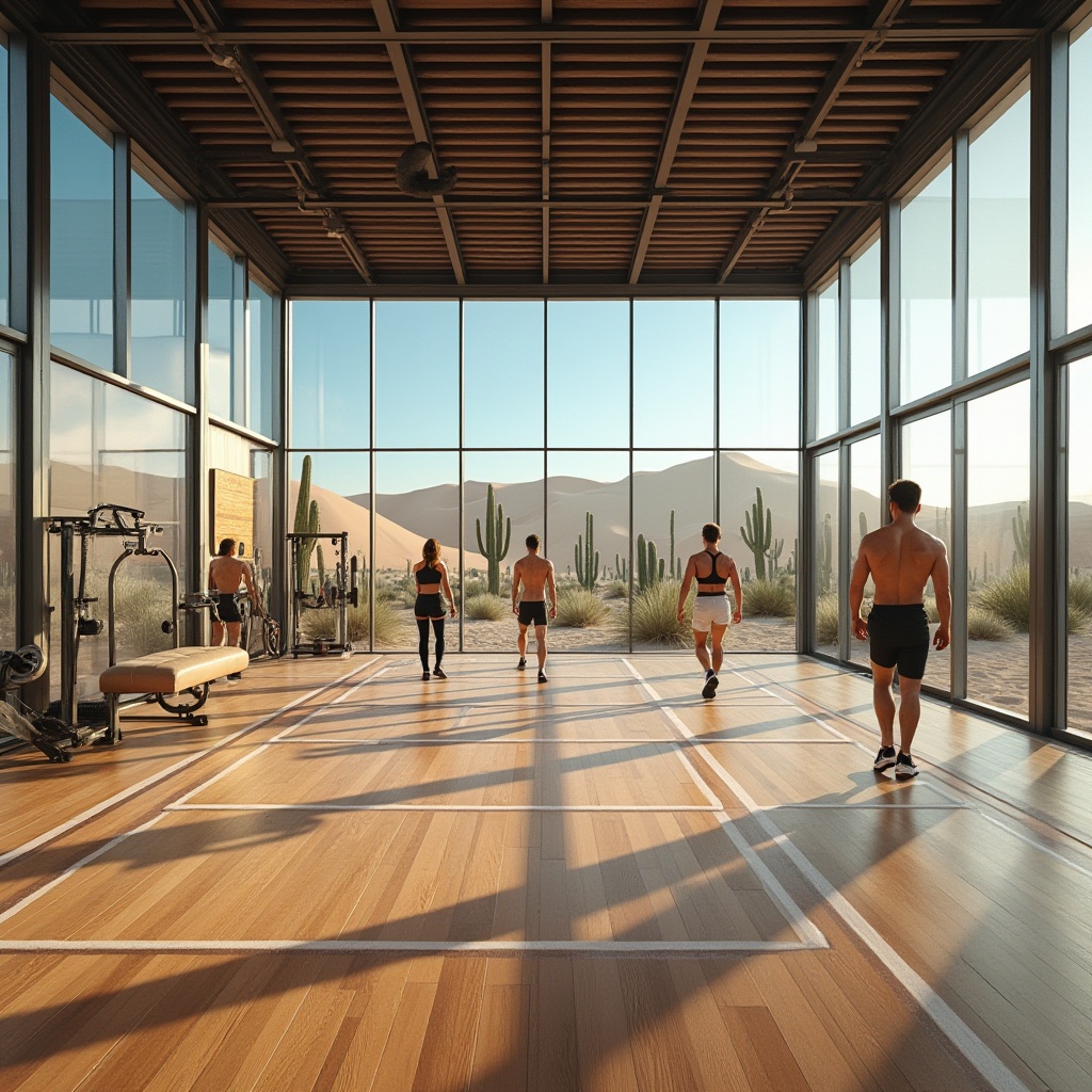 Prompt: Desert gymnasium, modern architecture, large glass windows, metal framework, sandy dunes background, cacti scattered, clear blue sky, strong sunlight, athletic tracks, sports equipment, fitness machines, mirrored walls, wooden floors, muscular men and women exercising, sweaty skin, sporty hairstyles, athletic wear, dynamic poses, energetic atmosphere, warm lighting, panoramic view.