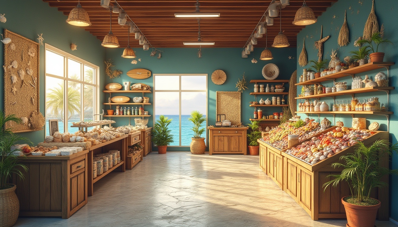 Prompt: Beach themed grocery store, interior, wooden crates, surfboard shelves, beach ball decorations, seashell wind chimes, ocean blue walls, sandy floor texture, wavy patterned checkout counters, tropical plants, palm tree centerpieces, nautical rope displays, fishing net dividers, driftwood benches, coastal scent diffusers, sunset lighting, warm atmosphere, laid back vibe.