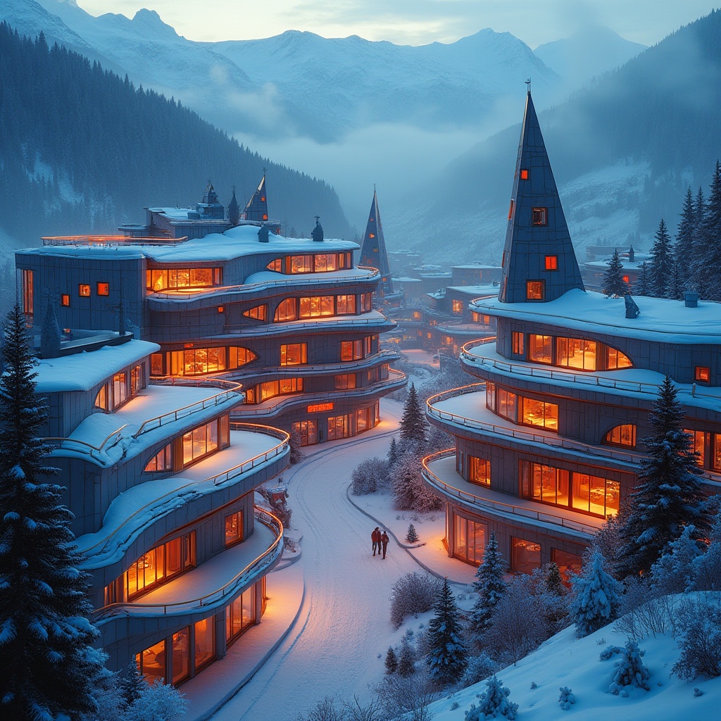 Prompt: expressionism style, ski center architecture, futuristic, geometric shapes, irregular lines, bold colors, neon lights, dynamic composition, atmospheric perspective, misty mountain background, snow-capped roofs, angular balconies, irregularly shaped windows, metallic materials, glass facades, vibrant color accents, abstract patterns, dramatic lighting, cinematic mood, high-angle shot, 3/4 composition, warm and cold color contrast.