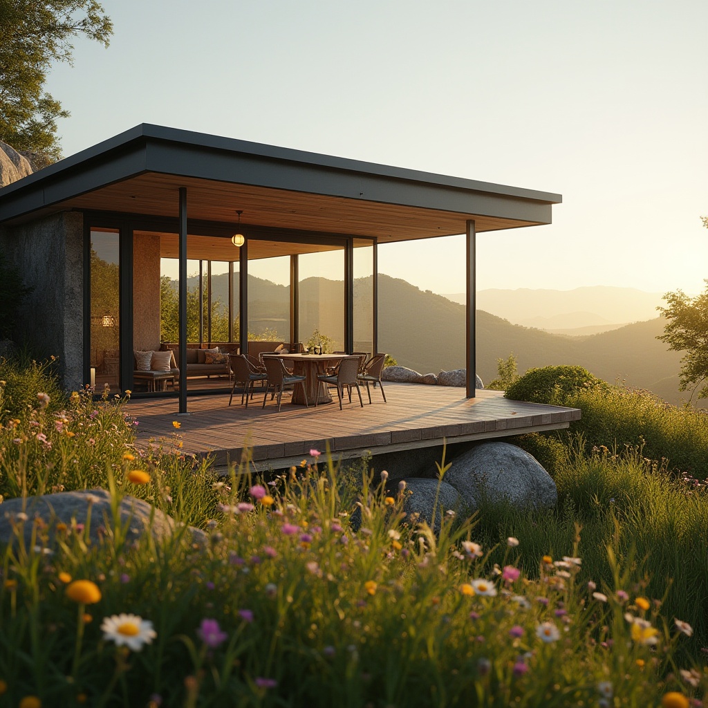 Prompt: Modern villa, integrated architecture, natural meadows, rolling hills, green grass, wildflowers blooming in vibrant colors, wooden deck, glass windows, minimalistic design, steel beams, flat roof, outdoor seating area, wicker furniture, lanterns, warm sunset light, soft focus, shallow depth of field, cinematic composition, 3/4 view, ambient lighting, peaceful atmosphere.