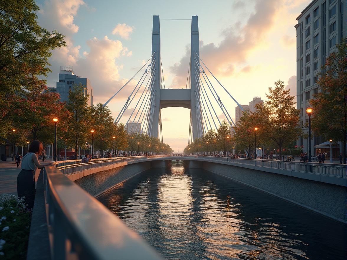 Prompt: International style bridge, modern architecture, sleek lines, metallic materials, silver color, urban cityscape, evening time, warm golden lighting, street lamps, pedestrians walking, cars driving by, river flowing underneath, gentle ripples on water surface, lush green trees, blooming flowers, vibrant colors, dynamic composition, 3/4 angle view, soft focus on background, high contrast, cinematic mood.