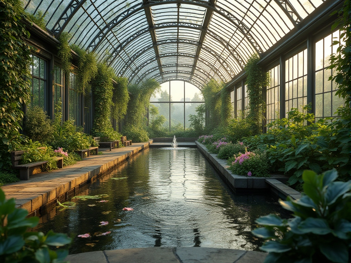 Prompt: Modern greenhouse, steel material, transparent roof, curved lines, minimalist structure, industrial chic, abundant natural light, lush greenery, vines crawling up walls, water features, small pond, fountain, stone paths, rustic benches, morning dew, soft diffused lighting, 3/4 composition, warm color tone.