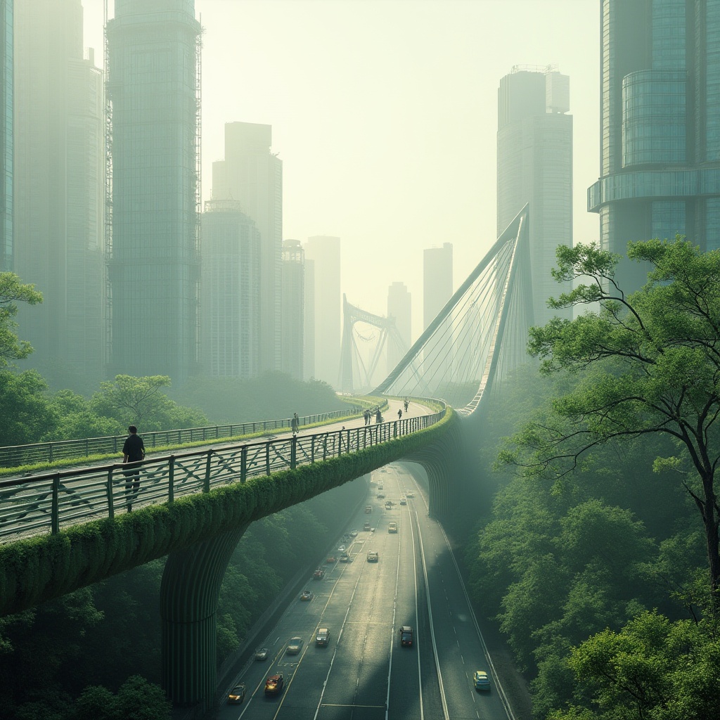 Prompt: Futuristic vehicular bridge, innovative bamboo materials, curved lines, sleek design, sustainable architecture, urban cityscape, morning fog, misty atmosphere, soft natural light, 3/4 composition, low-angle shot, dynamic diagonal lines, modern traffic flow, blurred motion, vibrant green bamboo texture, intricate structural details, ambient Occlusion, cinematic rendering.