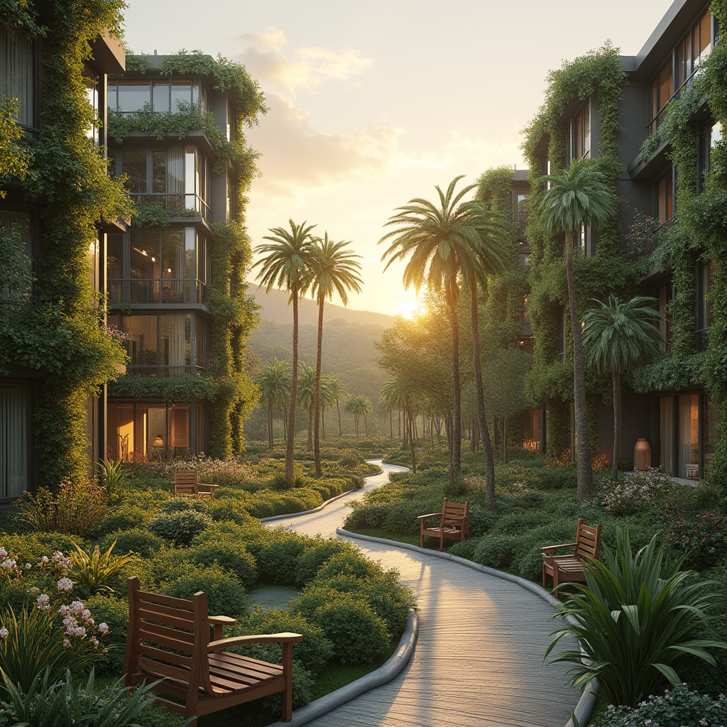 Prompt: Savanna social housing, community area, natural landscape integration, green roofs, vertical gardens, tropical trees, colorful flowers, winding pedestrian paths, wooden benches, outdoor recreational spaces, children's playground, community garden, sunset view, warm lighting, atmospheric perspective, soft focus, serene ambiance.