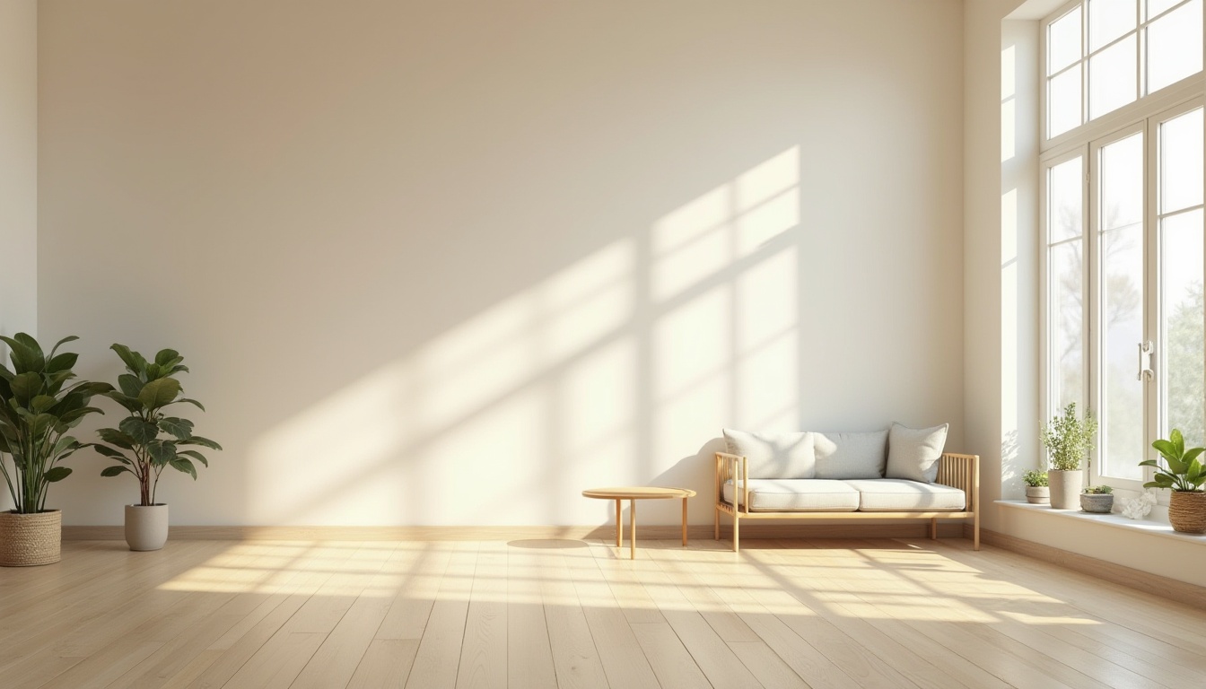 Prompt: Minimalist suburban interior, empty space, natural light pouring in through large windows, cream-colored walls, polished wooden floor, few decorative objects, single modern sofa, low-profile coffee table, potted plants, subtle texture, pastel colors, softbox lighting, warm atmosphere, Scandinavian style, cozy reading nook, morning sunlight, gentle shadows.