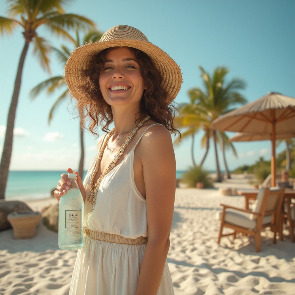 Prompt: Beach eclecticism design, sustainable choices, mature lady, 30yo, curly brown hair, natural makeup, flowy white beach dress, shell necklace, woven straw hat, holding a reusable water bottle, standing on a sandy beach, palm trees swaying gently in the background, clear blue sky with a few fluffy clouds, warm sunlight casting a gentle shadow, driftwood furniture, recycled glass decorations, pampas grass, tropical flowers, 3/4 composition, soft natural lighting, cinematic atmosphere.