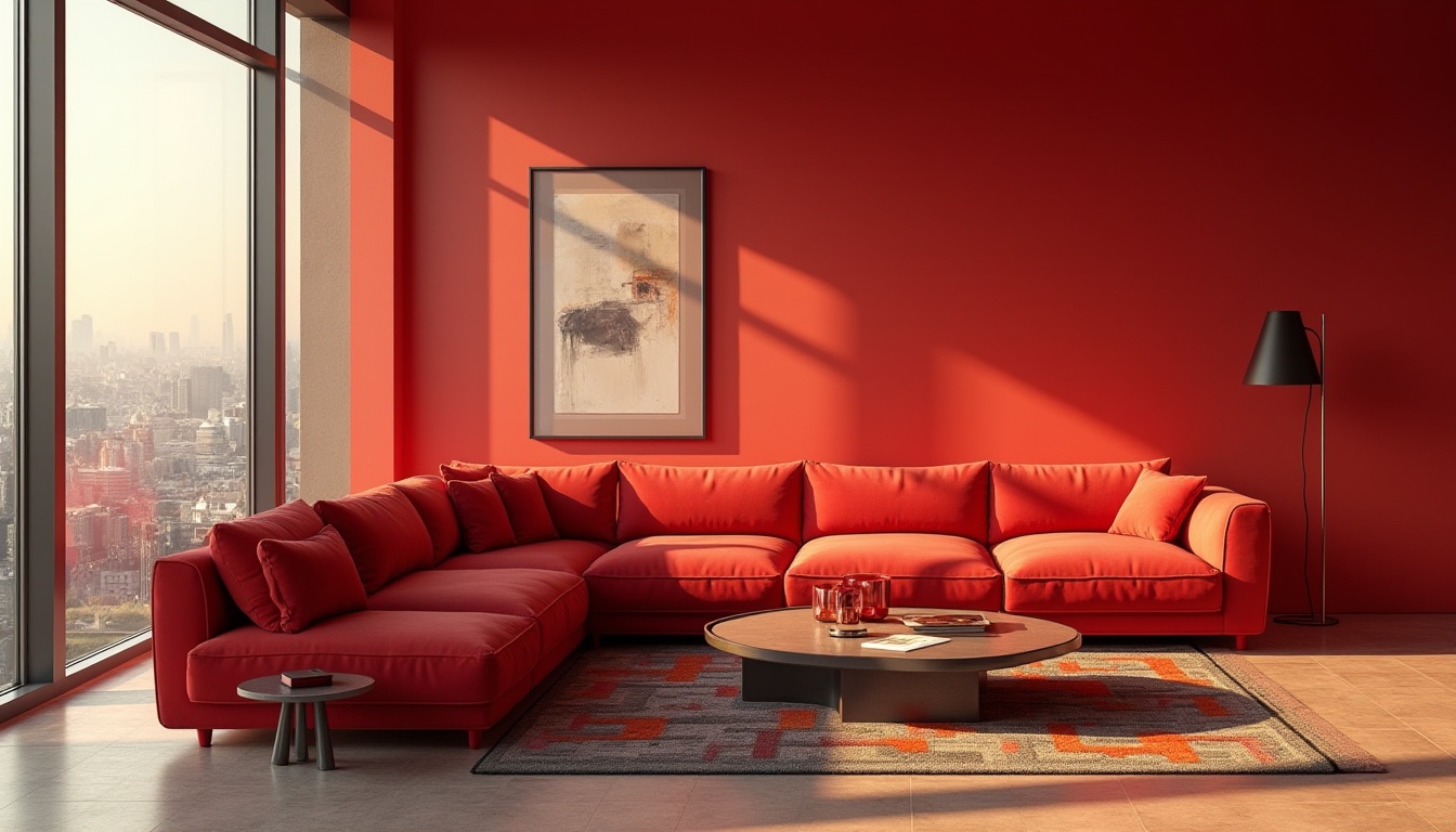 Prompt: Vibrant red accent wall, modern minimalist interior, powerful bold furniture, striking red sofa, geometric patterned rug, sleek coffee table, artistic lamp, abstract art piece, urban loft apartment, large windows, cityscape view, warm golden lighting, shallow depth of field, 3/4 composition, cinematic mood.