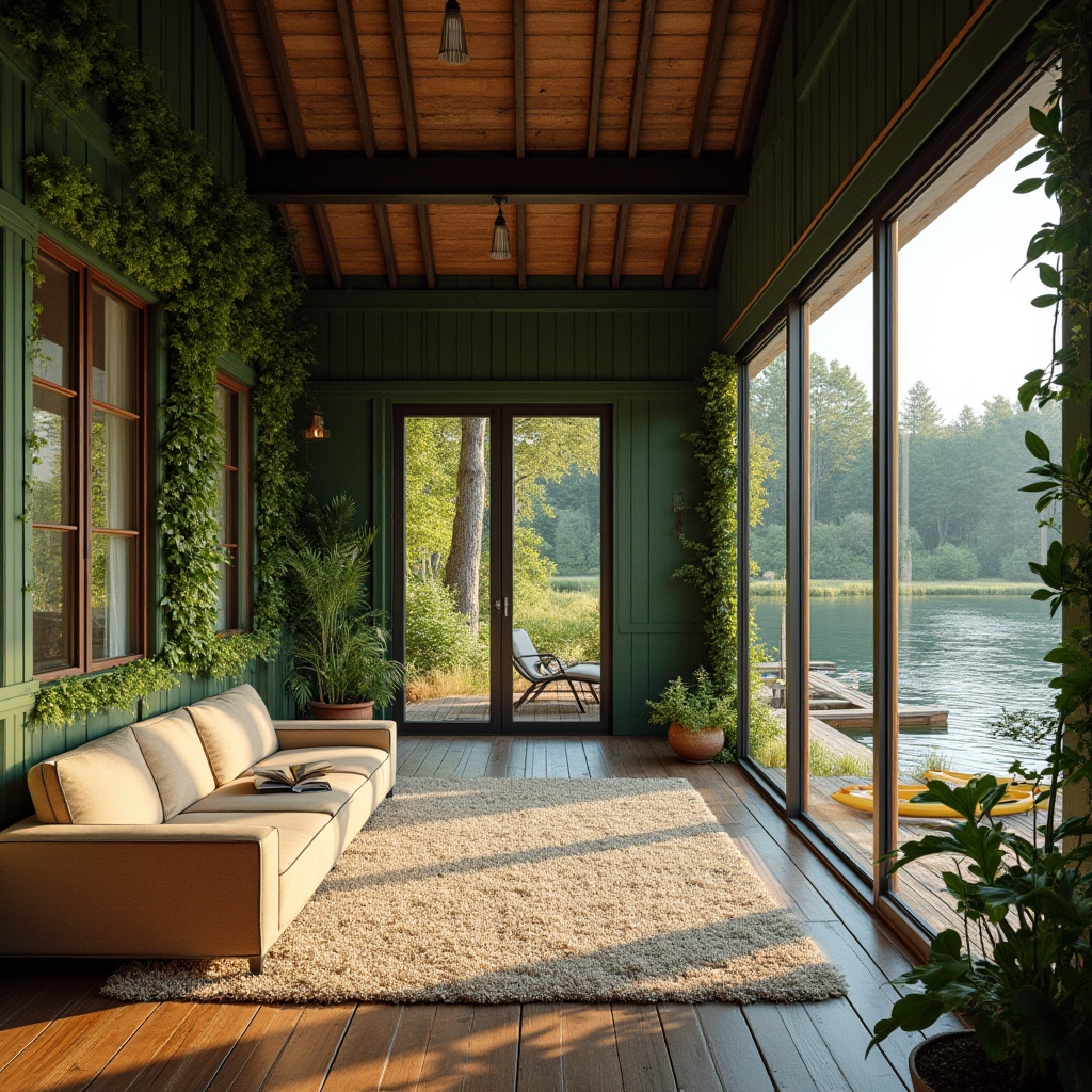 Prompt: Lakefront barn, green architecture, rustic wooden exterior, vines crawling up walls, large windows, sliding glass doors, modern minimalistic interior, industrial metal beams, reclaimed wood accents, cozy reading nook, plush area rug, nature-inspired decorative elements, water features, serene lake views, surrounding lush greenery, wooden dock, sailboats, kayaks, sunny afternoon, warm golden light, soft focus, shallow depth of field, rustic charm, natural materials, earthy color palette.