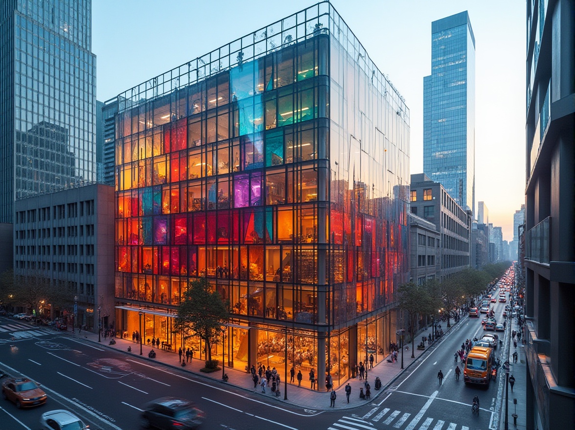 Prompt: Modern building, colorful glass façade, abstract geometric shape, steel frame structure, urban cityscape, busy street, pedestrian traffic, day time, natural light passing through colored glass, gradient effect, vibrant color contrast, futuristic atmosphere, high-angle shot, wide-angle lens, dramatic composition, reflection on glass surface, subtle texture.