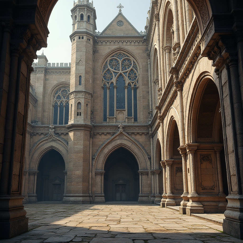 Prompt: Romanesque architecture, grandiose building, granite material, rough texture, weathered surface, monumental structure, ornate carvings, Gothic arches, stained glass windows, intricate stone patterns, rustic colors, natural lighting, dramatic shadows, atmospheric ambiance, cinematic composition, wide-angle shot.