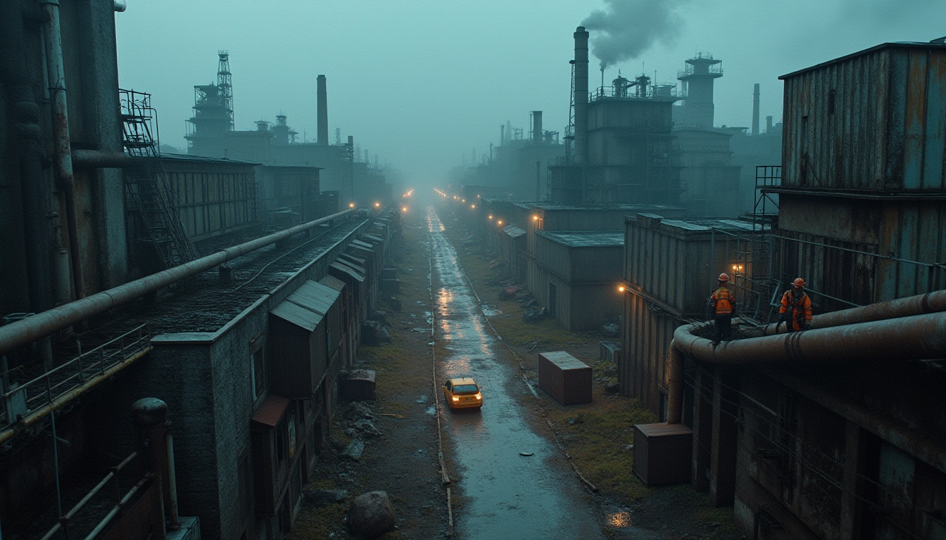 Prompt: Industrial area, urban landscape, evening time, misty atmosphere, abandoned factory, rusty metal pipes, concrete walls, dim streetlights, worn-out roads, old warehouses, cargo containers, cranes, chimneys emitting smoke, industrial vehicles, workers in reflective vests, hard hats, steel-toed boots, carrying tools, walking on catwalks, dramatic composition, high-angle shot, contrast lighting, cinematic mood, gritty texture.