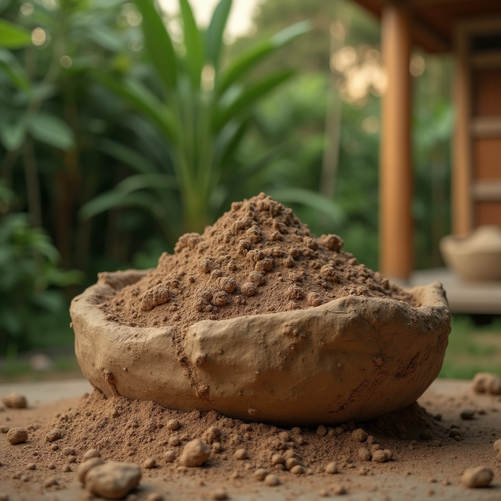 Prompt: Mud material, sustainable design, natural texture, earthy tone, organic shape, irregular form, rough surface, DIY craft, handmade element, eco-friendly product, minimal waste, recyclable object, green architecture, villa setting, garden background, lush vegetation, wooden accents, earthy color palette, soft natural light, close-up shot, 3/4 composition.