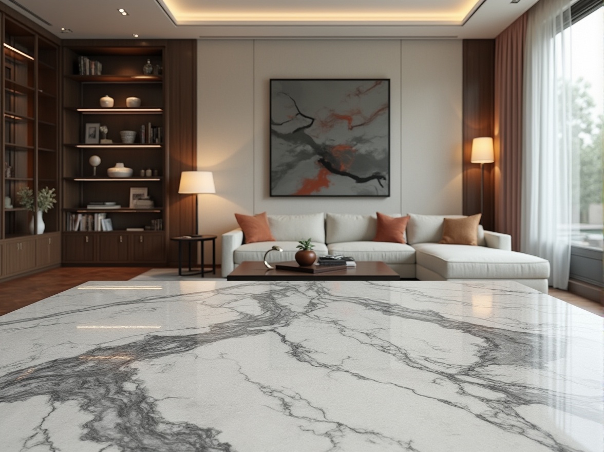 Prompt: Granite material, luxurious interior design, modern living room, coffee table, bookshelf, floor lamp, vase, flower arrangement, elegant sofa, abstract artwork, high ceiling, large window, natural light, subtle texture, detailed veins pattern, grey and white color tone, 3/4 composition, soft focus background, warm ambient lighting.