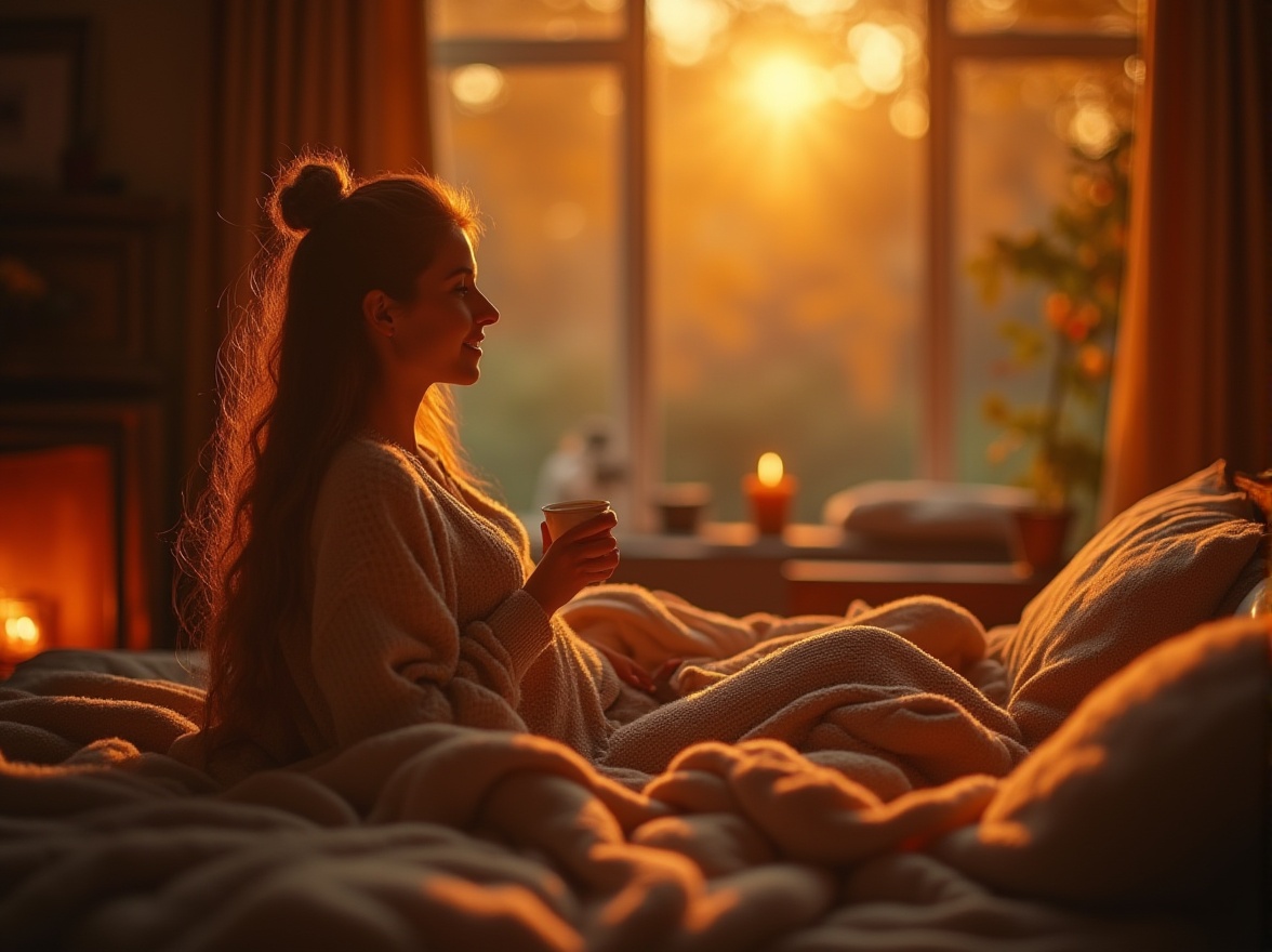 Prompt: Warm ambiance, Ocher color palette, cozy atmosphere, golden hour lighting, soft focus, blurred background, intimate setting, wooden textures, vintage furniture, plush carpet, warm candlelight, crackling fireplace, comfortable sofa, relaxed pose, lazy morning, breakfast in bed, warm beverages, autumn leaves, misty windows, nostalgic mood, cinematic composition, shallow depth of field.