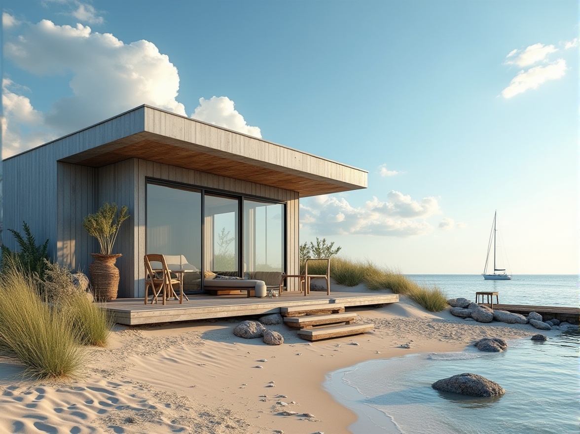 Prompt: Beachside scenery, modern beach house, galvanized steel accents, corrugated metal walls, sleek minimalist design, large glass windows, sliding doors, coastal vibe, driftwood decor, nautical ropes, sandy dunes, sea oats swaying, clear blue sky, fluffy white clouds, warm sunlight, shallow water, beach stones, pebbles, seashells, wooden pier, sailboats in the distance, soft focus, natural lighting, cinematic composition, wide-angle shot.