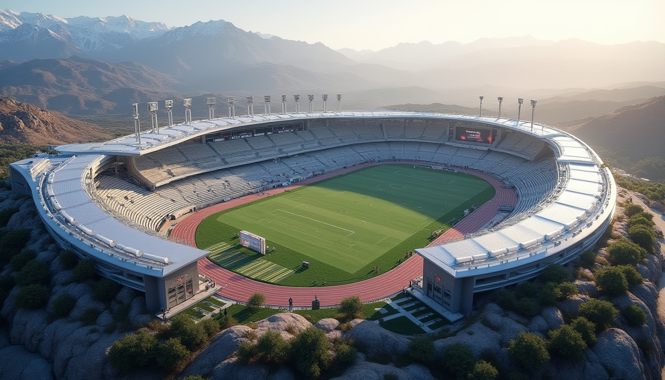 Prompt: Stadium design, plateau landscape, high-altitude environment, snow-capped mountains, vast open spaces, modern architecture, sleek lines, curved roofs, glass facades, steel structures, cantilevered seats, tiered seating, VIP lounges, press boxes, floodlights, LED scoreboards, giant screens, turf fields, athletic tracks, Olympic-sized swimming pools, mountain-inspired sculptures, native plant landscaping, rocky outcroppings, panoramic views, aerial photography, drone shots, 3/4 composition, golden hour lighting, misty atmosphere, ambient sound design.