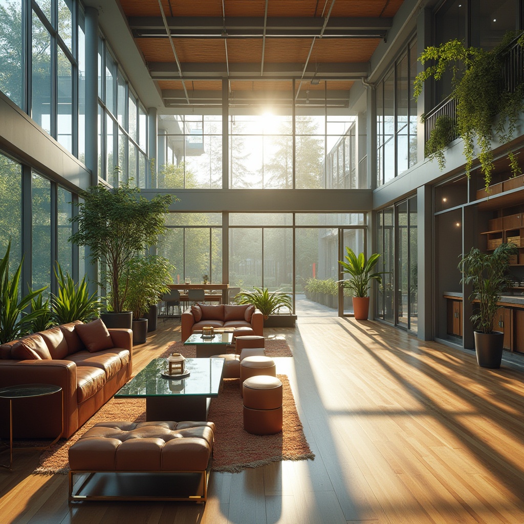 Prompt: Modern student hall, glass facade, transparent entrance, steel frame structure, minimalist interior design, cozy common room, glass tables, leather sofas, wooden floors, green plants, natural light pouring in, warm atmosphere, soft background music, afternoon sunlight, 3/4 composition, shallow depth of field, bright and airy ambiance.