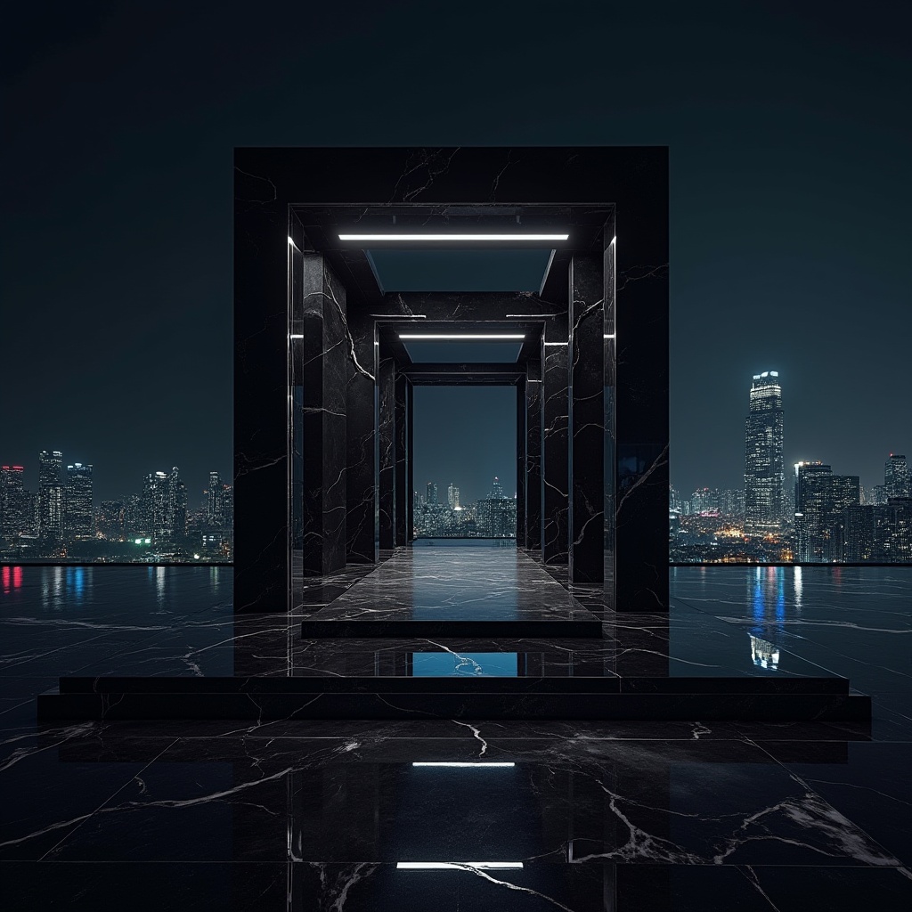 Prompt: Dark themed pavilion, modern geometric structure, black marble floor, minimalist approach, sleek lines, futuristic ambiance, neon lights reflecting off black surfaces, night time, cityscape backdrop, urban atmosphere, dramatic shadows, high contrast lighting, abstract composition, symmetrical elements, metallic accents, glass and steel materials, luxurious feel, avant-garde architecture.