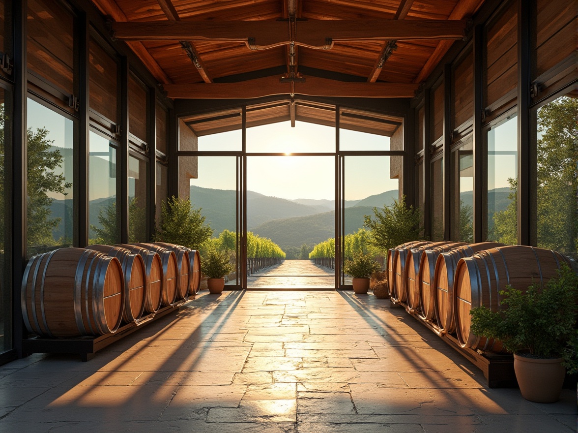 Prompt: Wineries, international style, modern architecture, grand entrance, large glass walls, steel frames, wooden accents, stone flooring, spacious interiors, high ceilings, wine barrels, rows of oak trees, vineyards, rolling hills, Mediterranean landscape, warm sunlight, soft shadows, 3/4 composition, cinematic lighting, ambient atmosphere, Tuscany-inspired scenery.