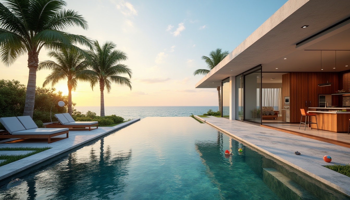 Prompt: Island villa, infinity pool, functional design, luxurious, modern architecture, sleek lines, minimalist decor, tropical plants, palm trees, ocean view, sunset time, warm ambient lighting, soft focus, 3/4 composition, symmetrical balance, shallow water area, built-in lounge chairs, natural stone flooring, wooden decking, glass railings, turquoise water, gentle waves, seashells, beach balls, pool toys, sunken seating area, outdoor kitchenette, BBQ grill, wooden cabinets, stainless steel appliances.