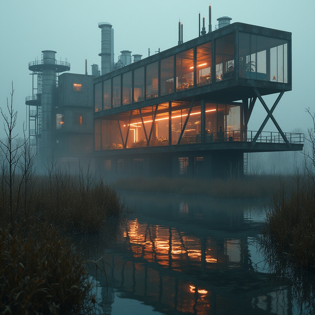 Prompt: Wetland landscape, abstract Bar Constructivism style, modern artistic architecture, metallic structure, rusty steel beams, irregular geometric shapes, reflective glass surfaces, neon lights, misty atmosphere, water reflections, reeds and cattails, murky waters, industrial pipes, mechanical details, 3/4 composition, low-angle shot, moody lighting, cinematic feel.