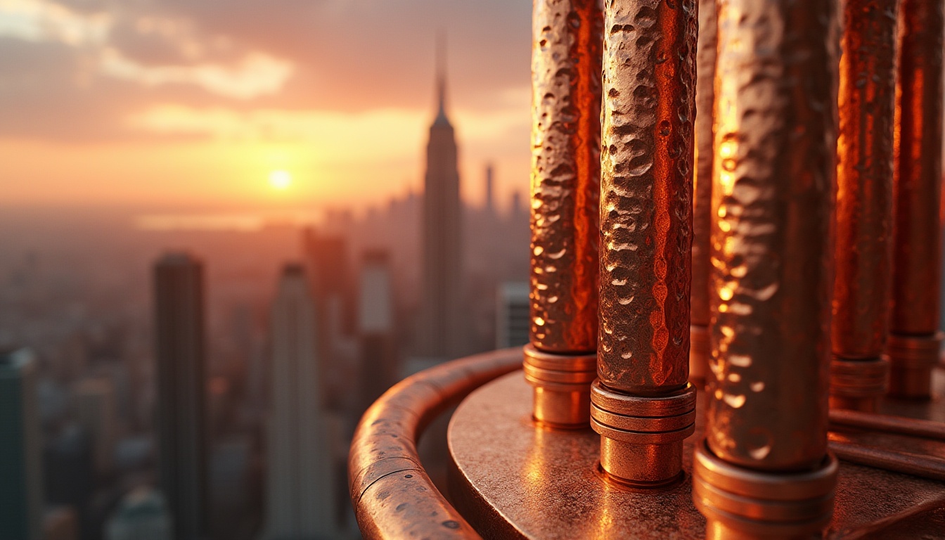 Prompt: Copper material, luxurious, metallic texture, industrial style, futuristic, modern architecture, interior design, decorative accents, copper pipes, copper wiring, copper cladding, copper roof, skyscraper, cityscape, sunset, warm lighting, reflective surface, intricate details, minimalist composition, shallow depth of field.