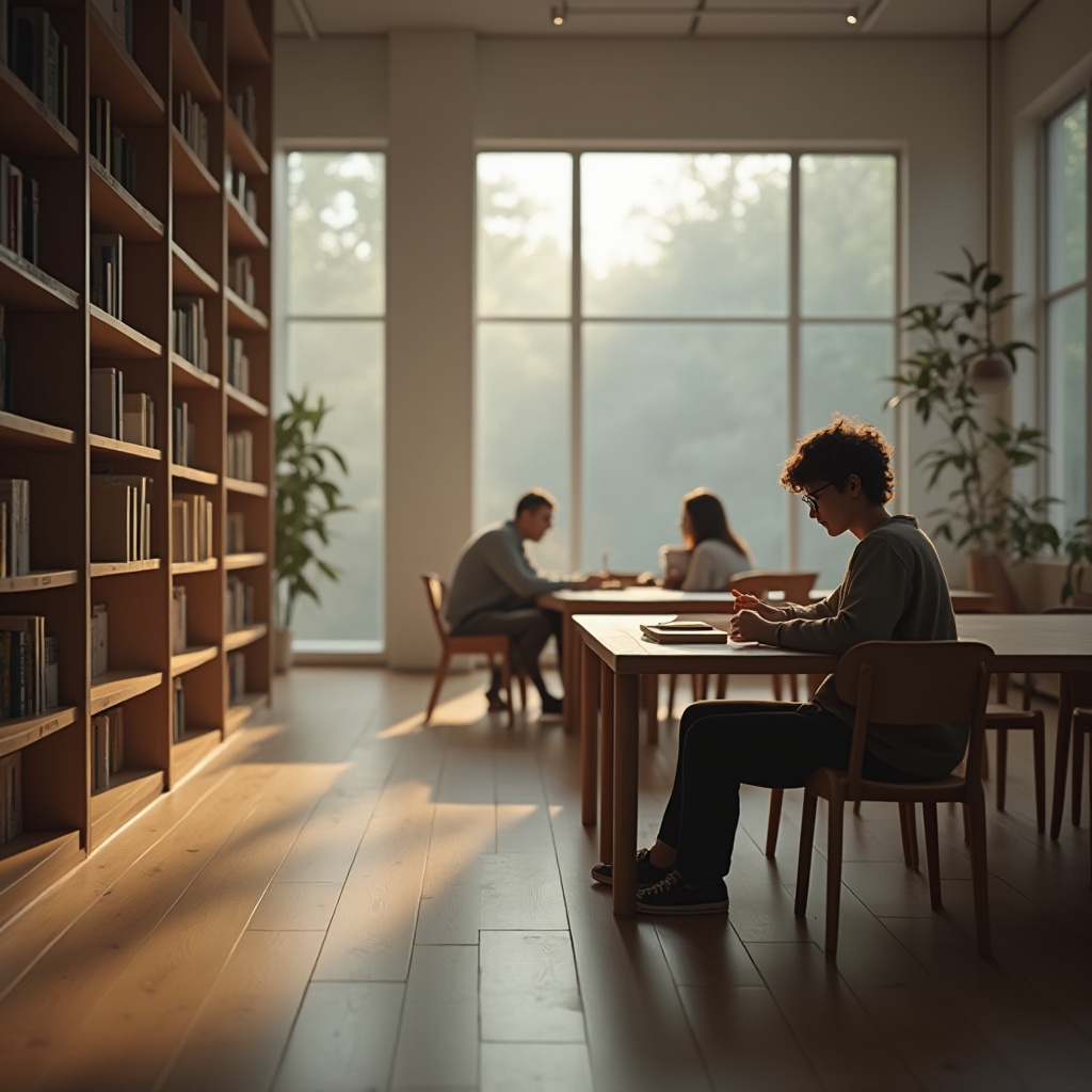 Prompt: Modern minimalist library, empty shelves, wooden floor, natural light pouring in through large windows, few tables and chairs, simple lines, monochromatic color scheme, calm atmosphere, single person studying, surrounded by books, wearing glasses, casual wear, messy hair, subtle facial expression, softbox lighting, 3/4 composition, shallow depth of field, warm tone, cinematic mood.