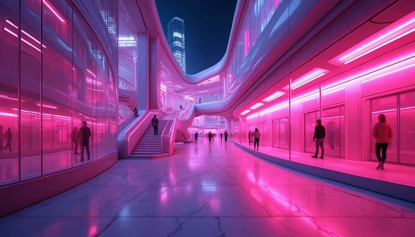 Prompt: Futuristic architecture, fuchsia polycarbonate structures, case studies, modern cityscape, urban planning, vibrant pink-purple hue, transparent walls, curved lines, geometric shapes, metallic accents, sleek surfaces, neon lights, night scene, low-angle shot, cinematic composition, 3/4 view, high-tech atmosphere, abstract background, detailed textures.