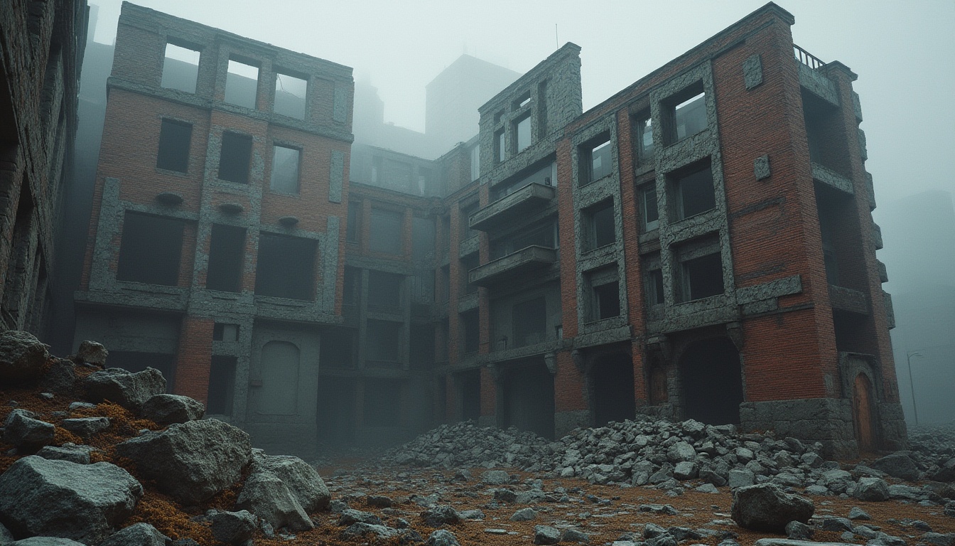 Prompt: Deconstructivist architecture, rough-textured brick material, irregular shapes, fragmented forms, abstract expression, brutalist influence, bold color contrasts, industrial-chic atmosphere, urban decay backdrop, dramatic lighting, low-angle composition, foggy misty weather, eerie ambiance.