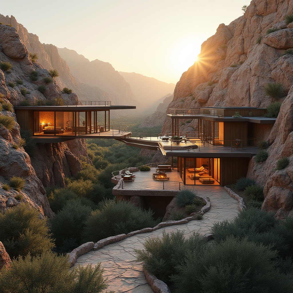 Prompt: Canyon landscape, sunset time, majestic rocky cliffs, vast open spaces, integrating pavilion designs, modern architecture, glass walls, steel frames, wooden accents, sleek lines, cantilevered roofs, dramatic overhangs, surrounding rock formations, lush greenery, native plants, cacti, succulents, winding stone pathways, rustic railings, panoramic views, 3/4 composition, warm golden lighting, soft shadows, ambient atmosphere, serene ambiance.