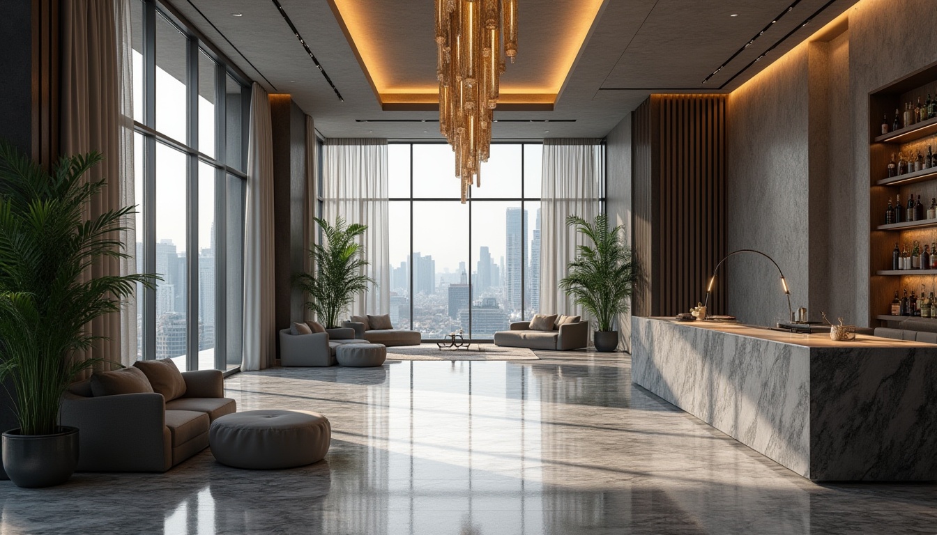 Prompt: Modern hotel lobby, gray color palette, sleek lines, minimalist decor, marble floors, geometric patterns, elegant chandeliers, comfortable sofas, poufs, greenery, natural light, floor-to-ceiling windows, panoramic city view, warm ambiance, soft focus, cinematic composition, shallow depth of field, luxurious atmosphere.