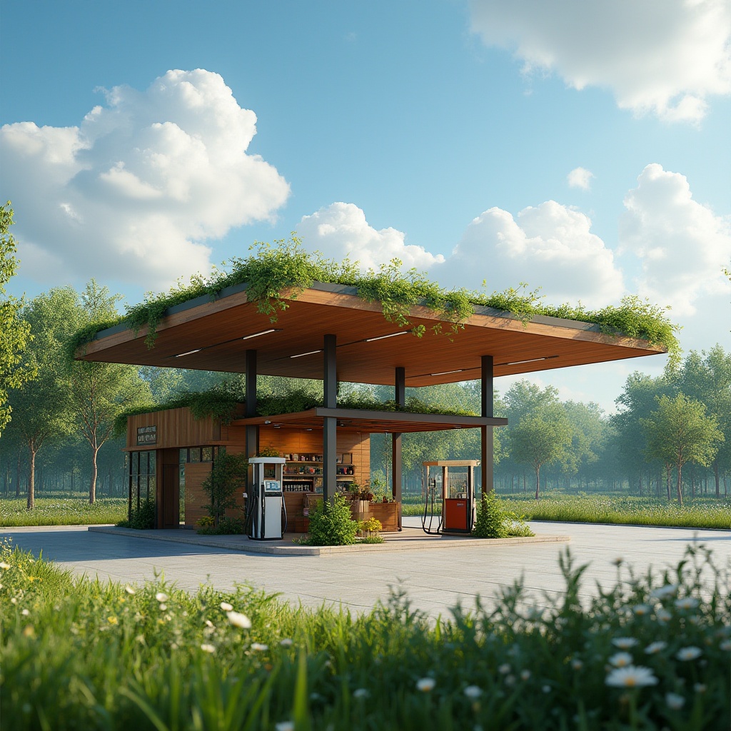 Prompt: Modern gas station, grassland surroundings, green roof, wildflowers blooming, wooden accents, natural stone walls, large windows, skylight, interior plants, eco-friendly design, minimalist architecture, steel beams, glass doors, fuel pumps, parking lot, blue sky, fluffy white clouds, sunny day, warm ambient lighting, shallow depth of field, 3/4 composition, symmetrical framing.