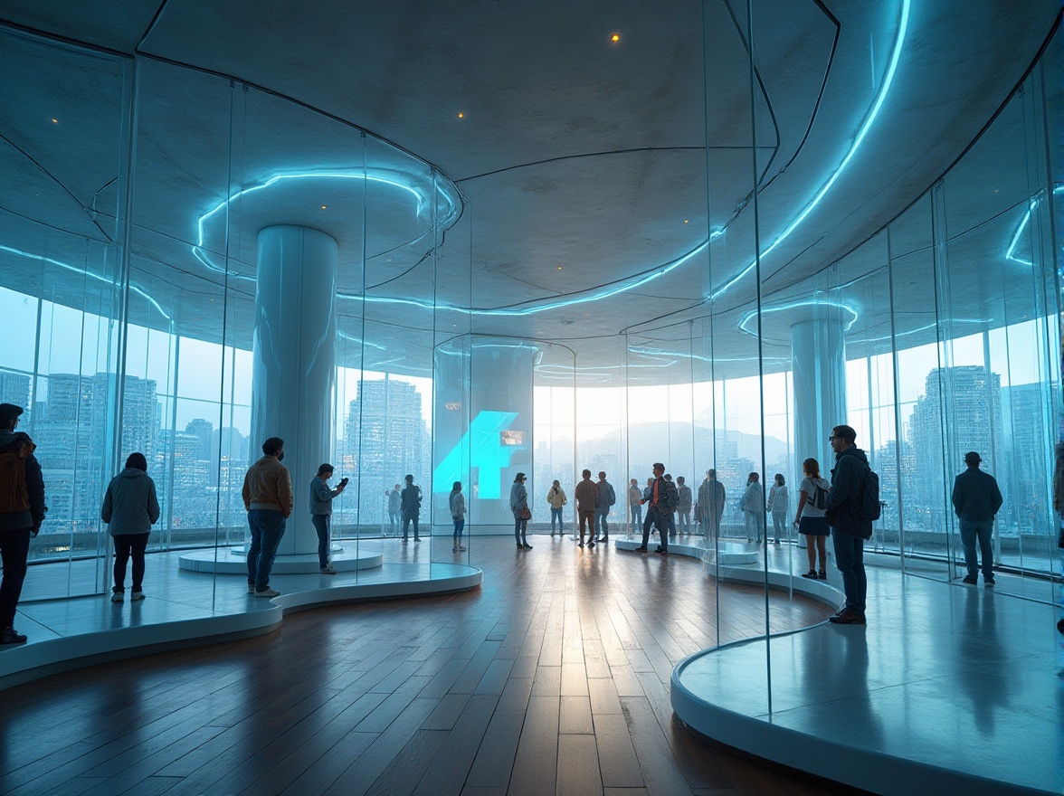 Prompt: Unique visitor experience, futuristic museum, sleek glass walls, neon lights, interactive exhibits, holographic displays, virtual reality headsets, minimalist wooden floors, spiral staircase, panoramic city view, daytime, natural light, soft shadows, 3/4 composition, shallow depth of field, modern architecture, ambient sound effects.