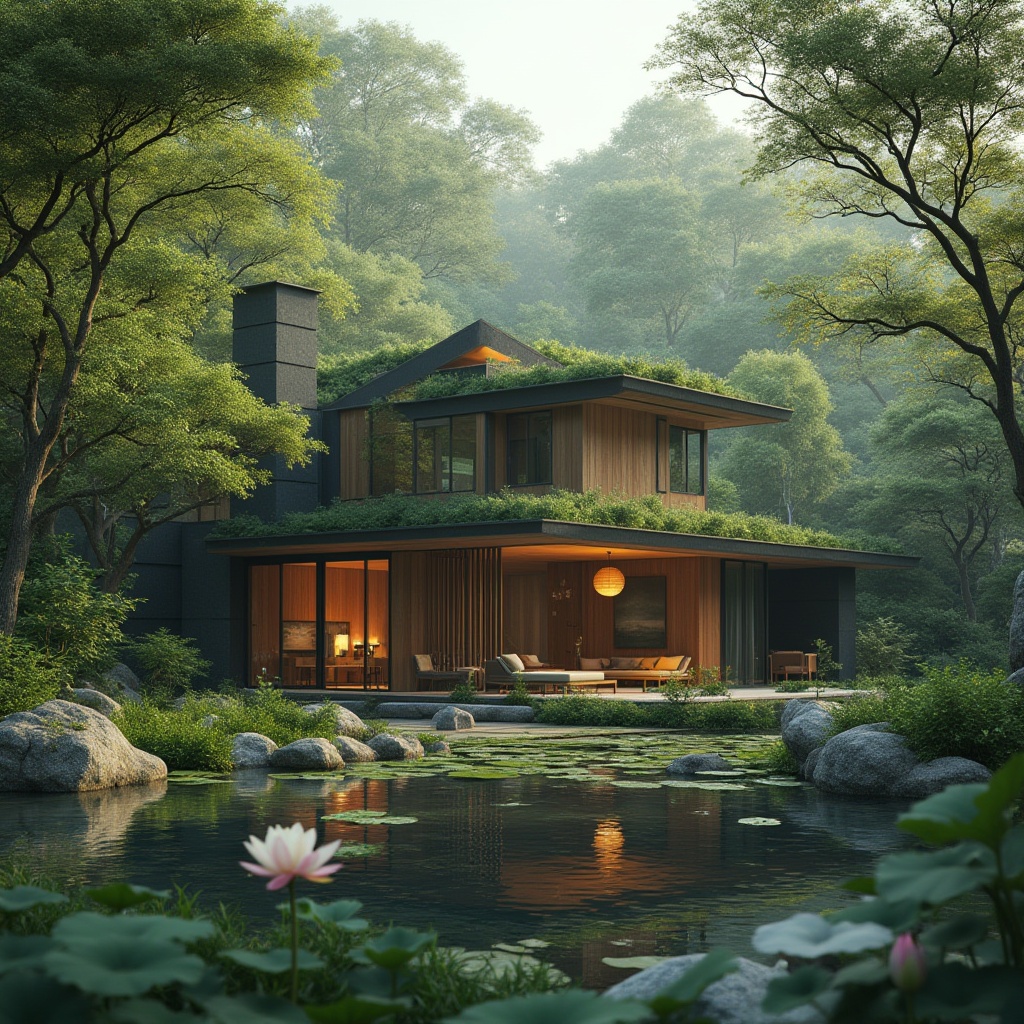 Prompt: Simple, serene atmosphere, minimalist architecture, harmonious blend with nature, modern villa, surrounded by lush greenery, tall trees, peaceful forest, subtle natural light filtering through large windows, sleek lines, minimal ornaments, natural materials, wood accents, stone walls, green roof, serene water features, small pond, gentle ripples, few floating lotus flowers, calm ambiance, soft focus, warm color palette, shallow depth of field, cinematic composition.