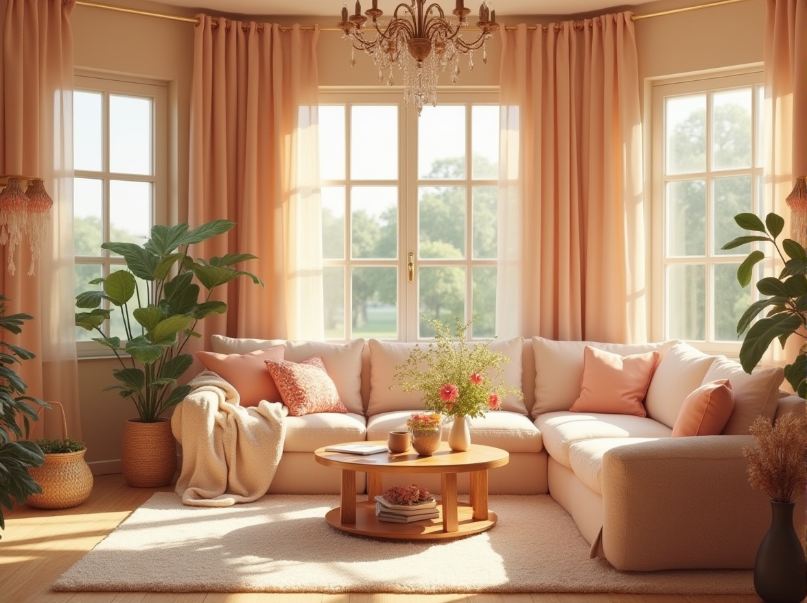 Prompt: Warm atmosphere, cozy living room, peach color theme, comfortable couch, fluffy pillows, soft blanket, wooden coffee table, vase with fresh flowers, large windows, bright natural light, green plants, warm beige walls, soft carpet, elegant chandelier, calm ambiance, afternoon sun, gentle shadows, 3/4 composition, warm lighting.