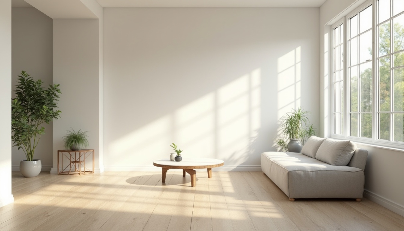 Prompt: Minimalist suburban interior, empty space, white walls, large windows, natural light pouring in, wooden floor, minimal furniture, low-profile sofa, simple coffee table, few decorative objects, green plants, calm atmosphere, afternoon sunbeams, soft shadows, 3/4 composition, cinematic lighting, gentle color palette.