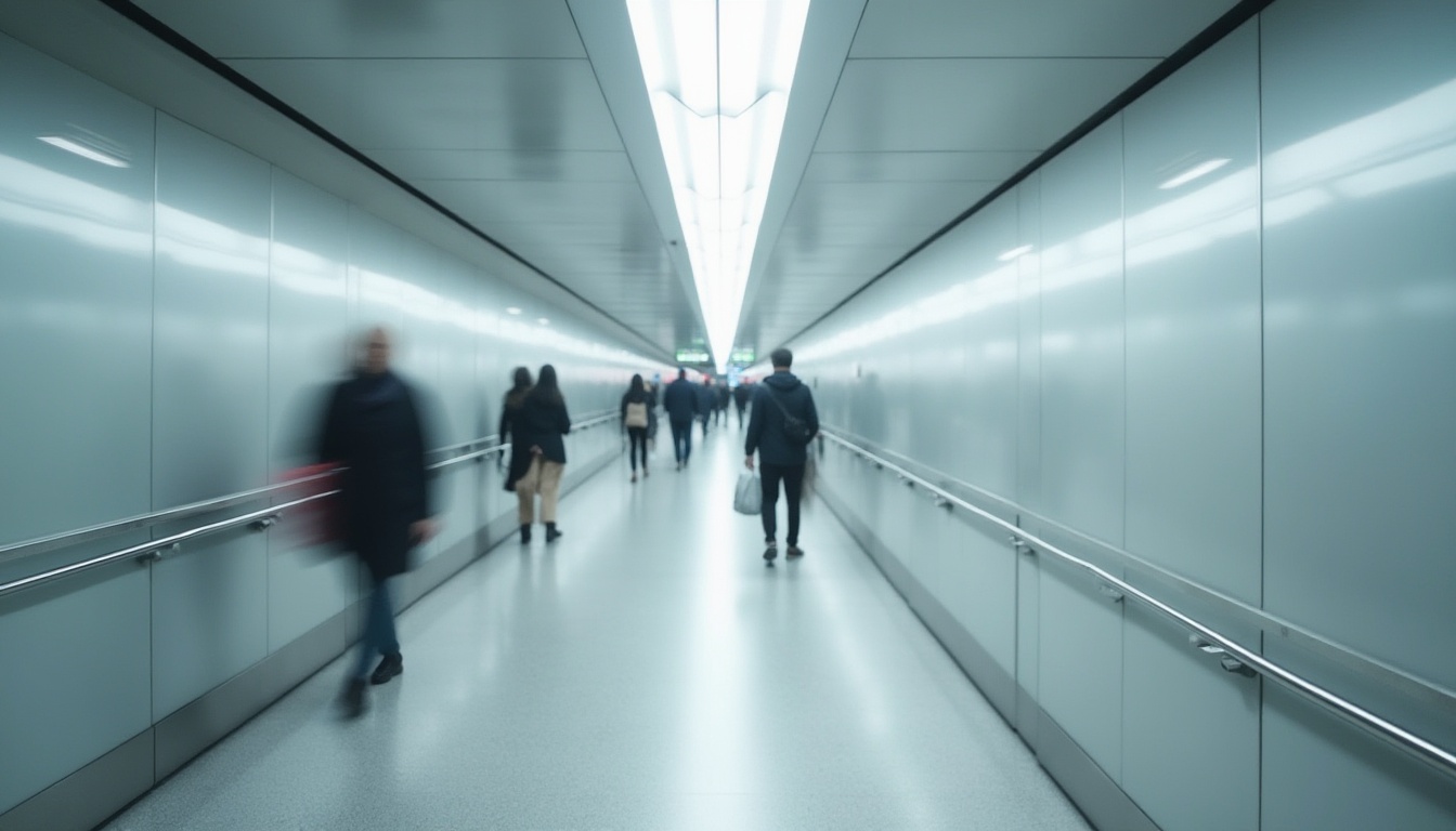 Prompt: Modern metro station, light gray walls, sleek lines, minimalist architecture, futuristic atmosphere, gentle LED lighting, polished steel floors, silver handrails, urban cityscape, morning rush hour, busy commuters, blurred motion, shallow depth of field, abstract background, geometric shapes, modernist style, high-key lighting, 3/4 composition.