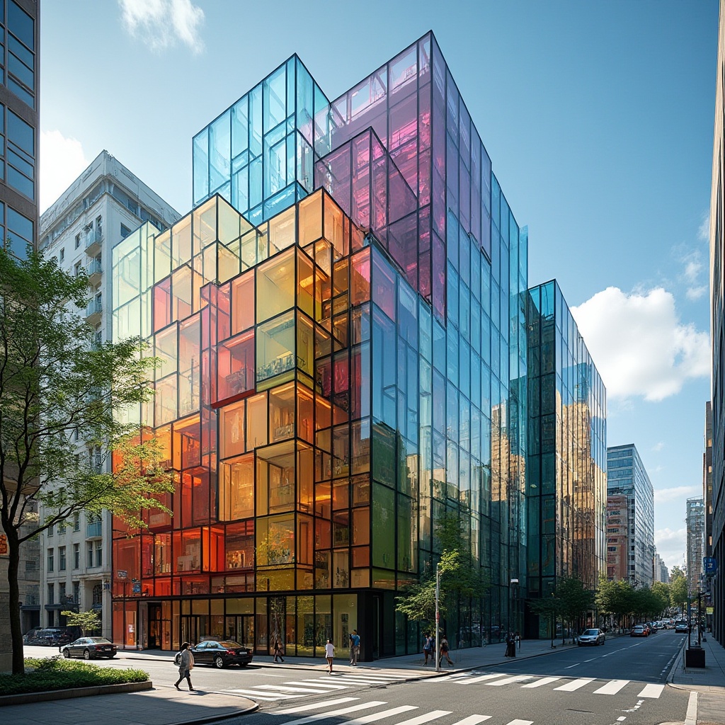 Prompt: Colored glass building, modern architecture, urban landscape, cityscape, abstract pattern, fragmented glass facade, geometric shape, angular lines, vibrant colors, transparent material, reflective surface, daytime, sunlight, shadows, 3/4 composition, low-angle shot, futuristic, minimalist, sleek design, metal frame, concrete foundation.