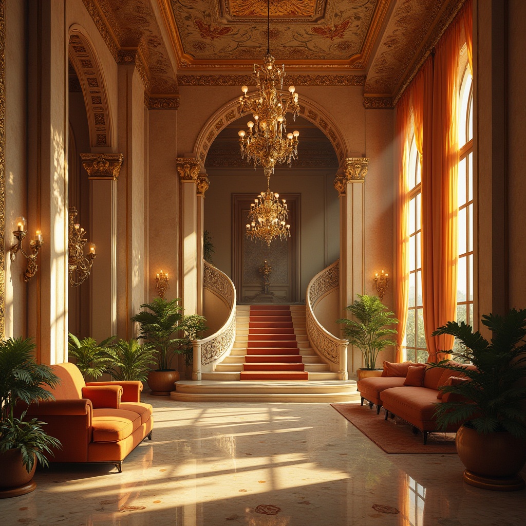 Prompt: Byzantine style hotel, luxurious interior, Lavacrete material walls, intricate mosaics, ornate chandeliers, grand staircase, lavish furnishings, velvet drapes, marble floors, high ceilings, arches, columns, regal ambiance, warm golden lighting, afternoon sunbeam, soft shadows, 3/4 composition, warm color palette, depth of field, cinematic atmosphere.