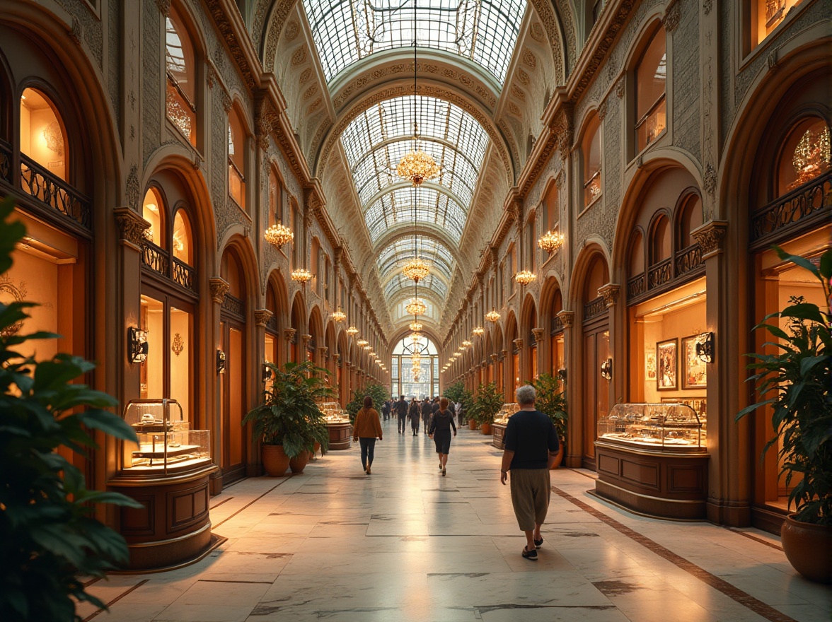 Prompt: Elegant Art Nouveau shopping center, grandiose high ceiling, ornate metalwork, intricate flower patterns, luxurious chandeliers, marble floors, stained glass windows, sweeping archways, ornamental railings, refined wooden accents, majestic staircase, sophisticated shoppers, upscale boutiques, refined jewelry stores, ambient warm lighting, soft focus, 3/4 composition, subtle bokeh, elegant reflections.