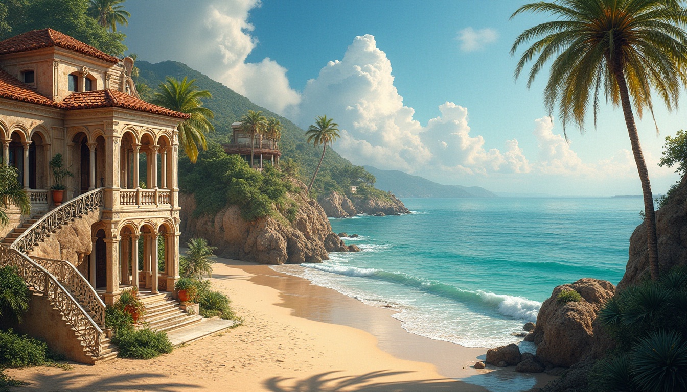 Prompt: Coastal scenery, Mediterranean villa, Romanesque architecture, inviting atmosphere, warm sandy beach, turquoise ocean, clear blue sky, puffy white clouds, palm trees, lush greenery, intricately designed archways, ornate stone columns, grand staircases, elegant balconies, intricate ironwork railings, terra cotta roofing, rough-hewn stone walls, rustic wooden doors, ornate windows, soft golden lighting, warm sunset hues, 3/4 composition, depth of field, cinematic ambiance.