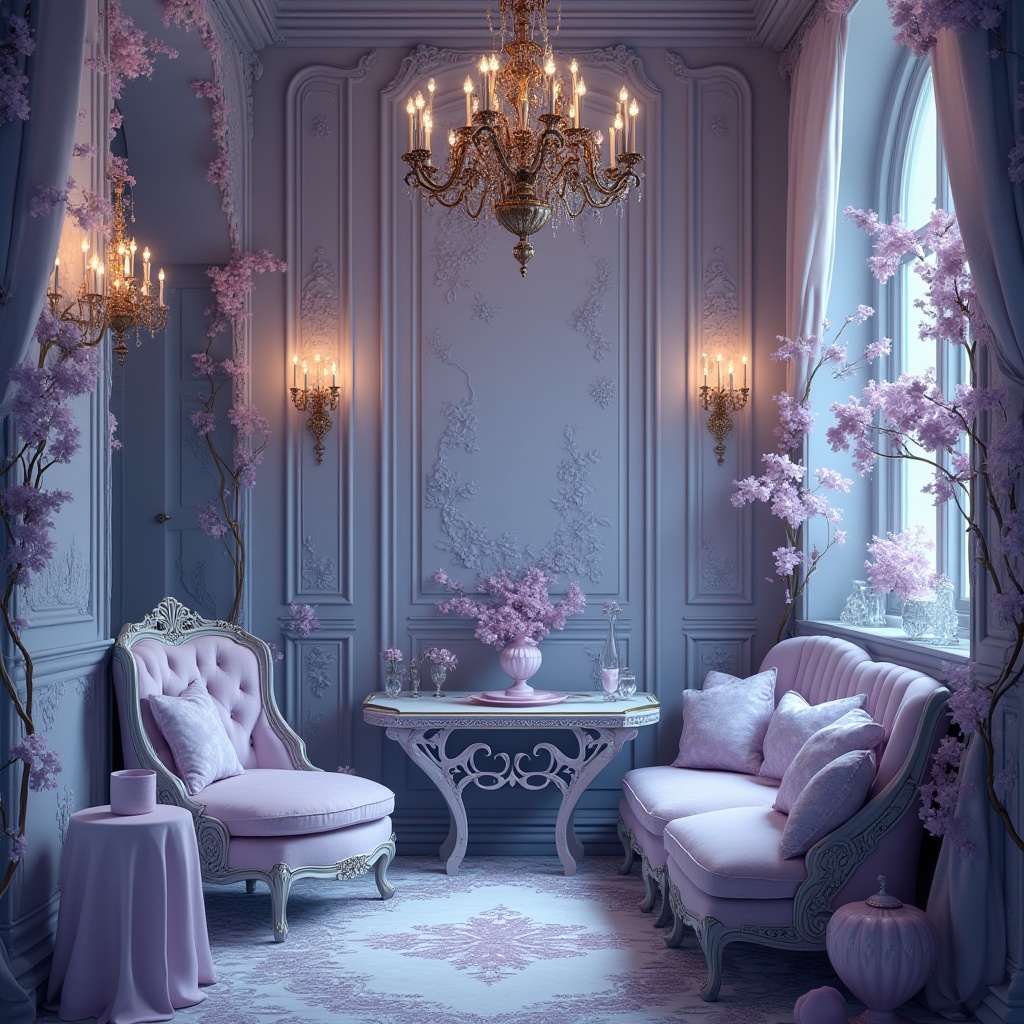 Prompt: Lavender blue color palette, Art Nouveau style, intricate ornaments, flowing curves, organic shapes, elegant lines, luxurious fabrics, soft silk, velvet texture, ornate metalwork, bronze accents, delicate glassware, subtle sheen, warm golden lighting, intimate setting, Victorian-era inspired interior, floral patterns, botanical illustrations, whimsical atmosphere, dreamy ambiance.